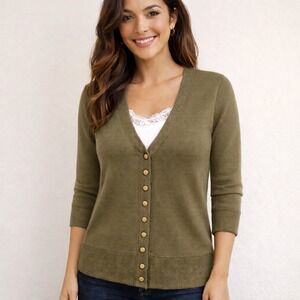 Olive Fitted V-Neck Super Soft Cardigan w/ Metal Snaps- Large- All Season Casual